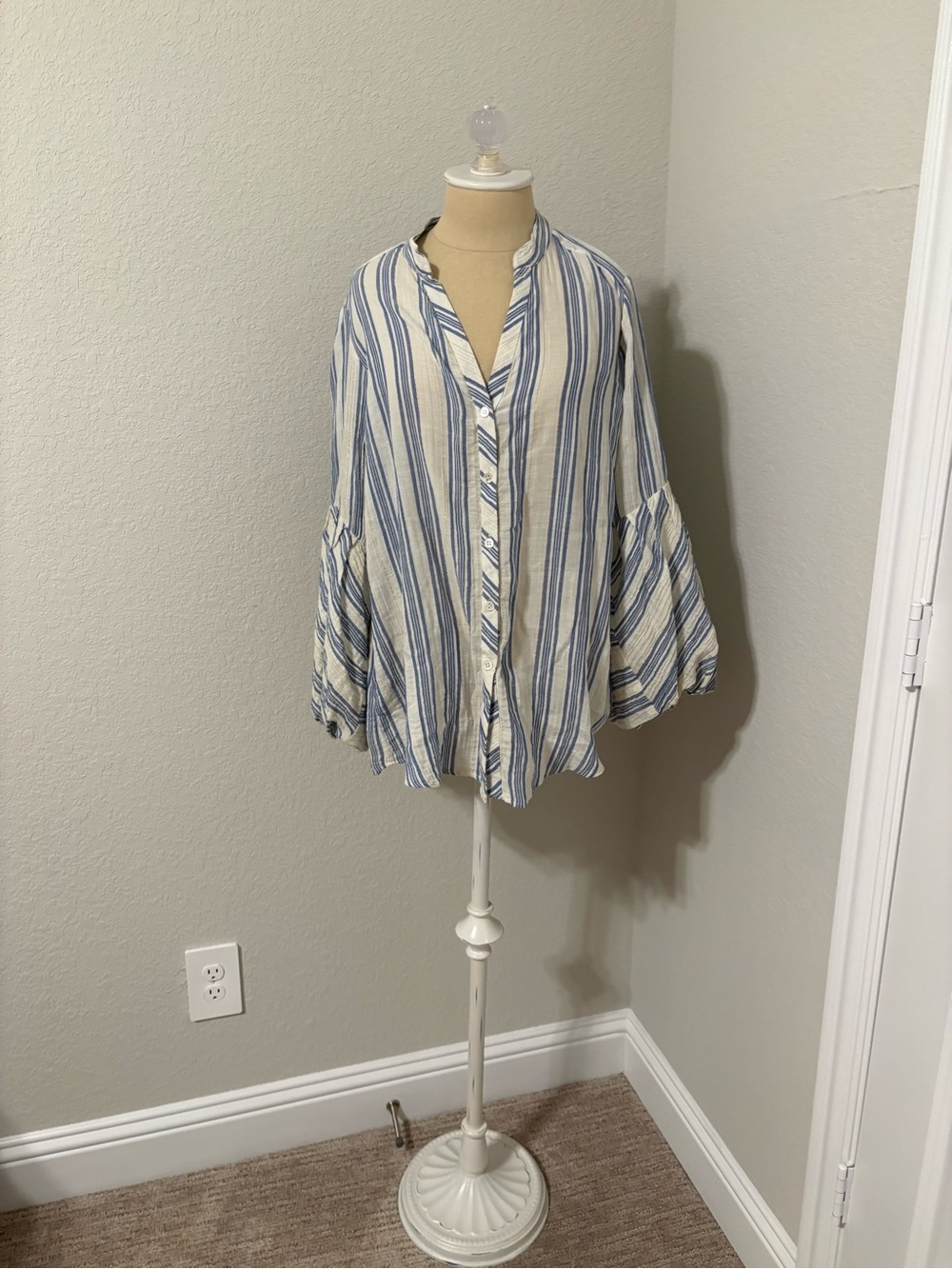 Etcetera Cream and Blue Striped Button-Down Blouse